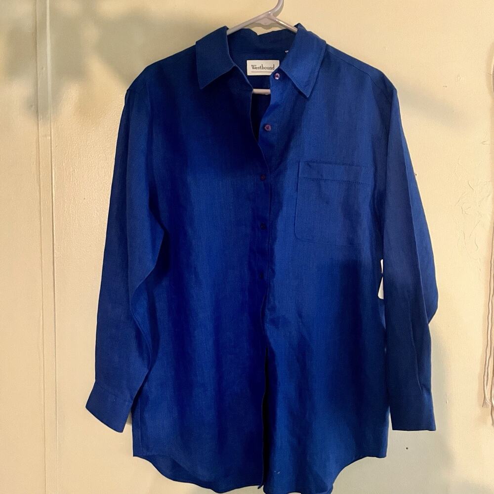 Westbound Blue Men's Linen Button-Up Long Sleeve Point Collar Solid Shirt L